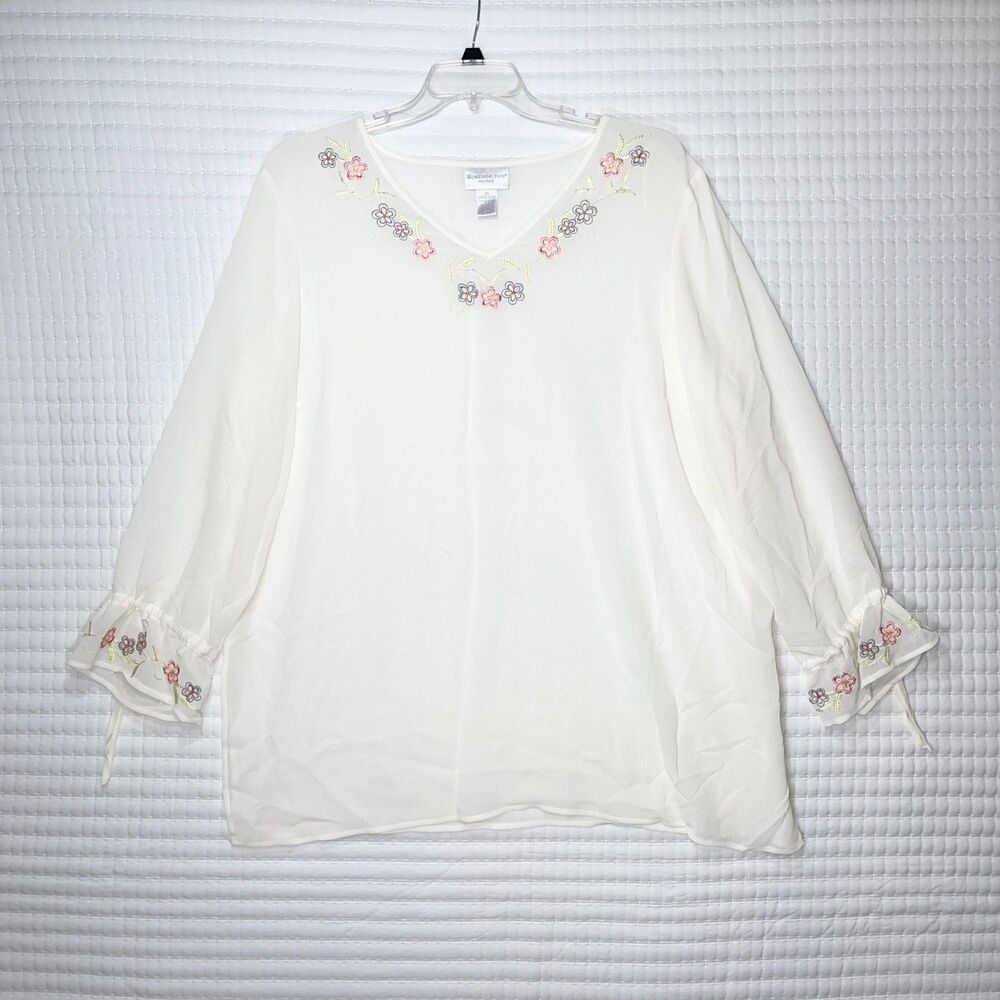 Worthington Cream Sheer Tunic Top Plus Size 2X Embroidered Floral Long Sleeve